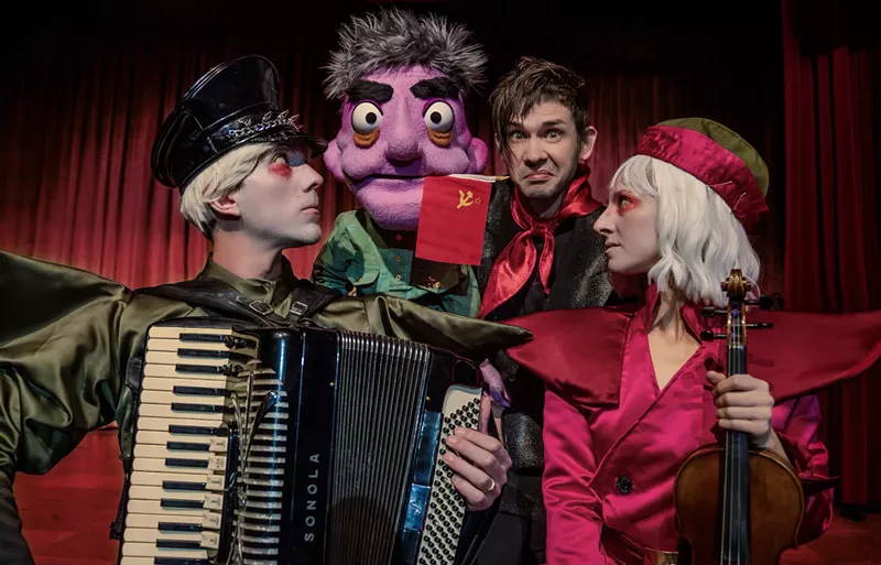 Image: The cast and puppet of The Great Soviet Bucket