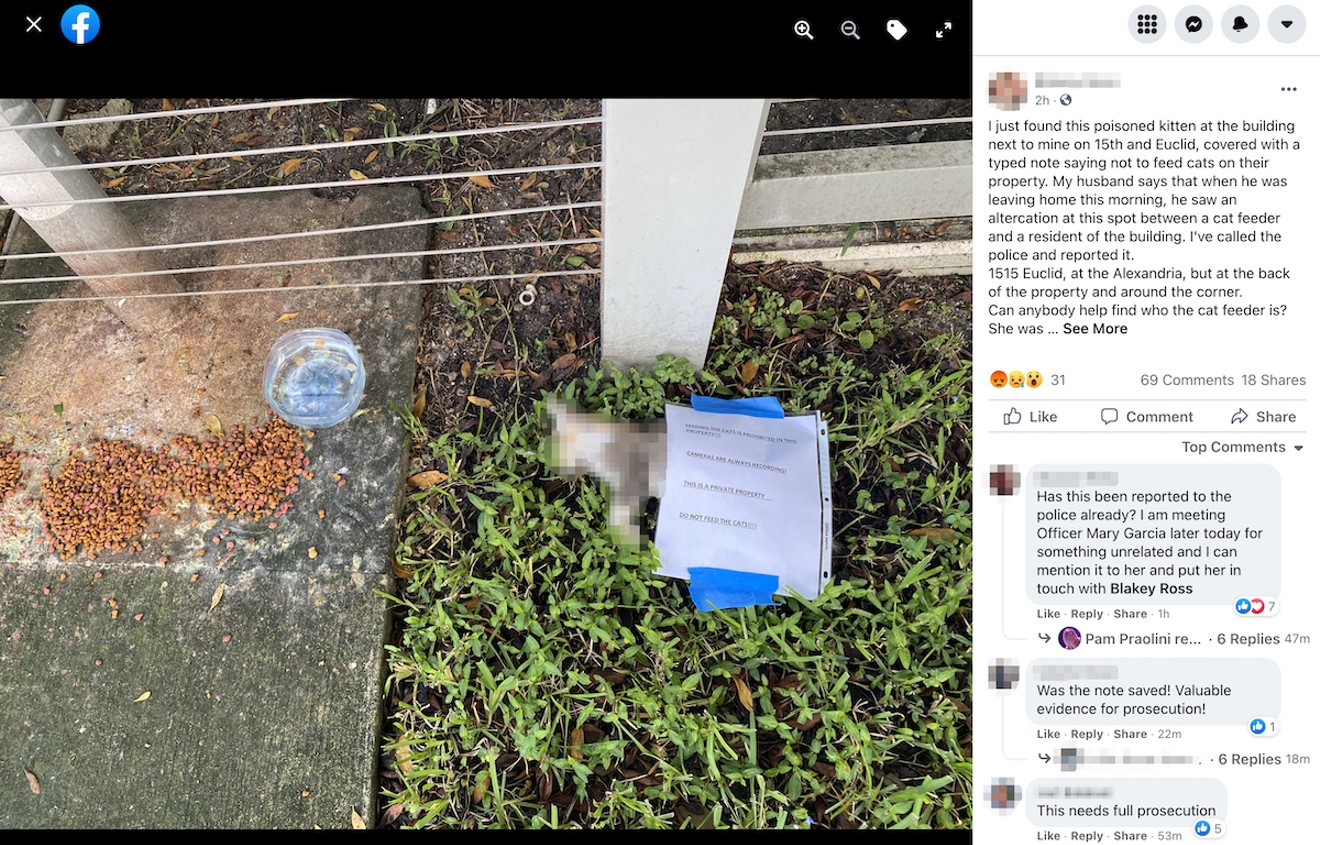 A dead kitten was found on Euclid Avenue in Miami Beach with a note attached. (Click to view the unblurred image.)