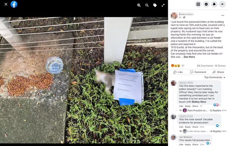 Image: A dead kitten was found on Euclid Avenue in Miami Beach with a note attached. (Click to view the unblurred image.)
