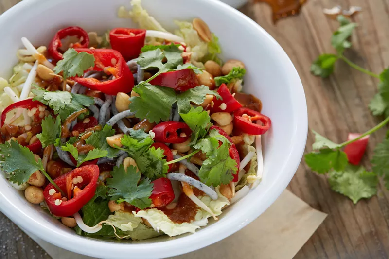 Image: Vegan pad Thai with chewy black bean noodles and veggies.