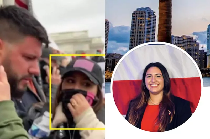 Image: Online sleuths claim South Florida GOP strategist Barbara Balsameda (right) is "#PinkGaiterPBG" (left), who was photographed at the U.S. Capitol insurrection on January 6, 2021.