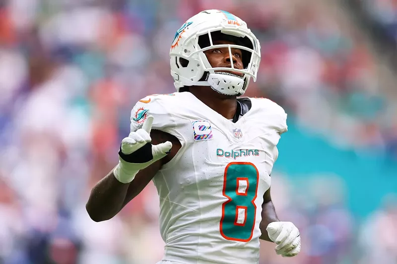 Image: Jevon Holland #8 of the Miami Dolphins reacts after breaking up a pass against the New York Giants during the fourth quarter at Hard Rock Stadium on October 08, 2023 in Miami Gardens, Florida