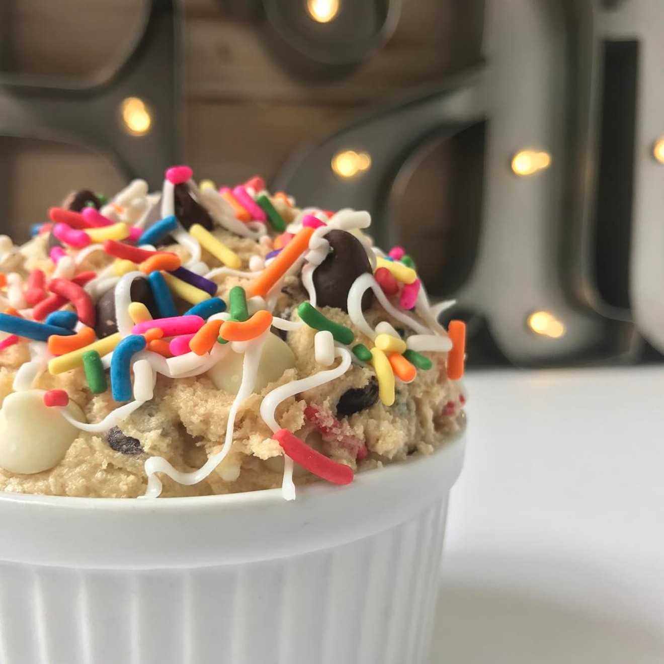 Happy Birthday Dough You: Edible cookie dough with rainbow sprinkles, white and semisweet chocolate chips, and vanilla icing.