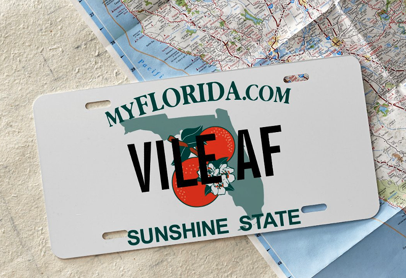 Image: Customized Florida license plate that reads, "VILE AF"