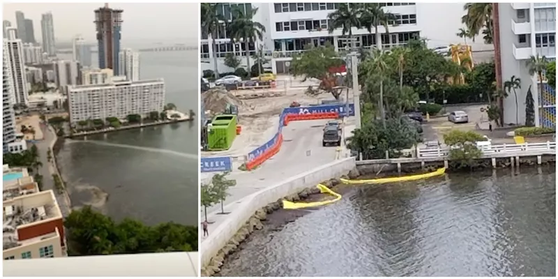 Image: Murky water from a stormwater outfall near the construction site for Modera Biscayne Bay (left) and new turbidity barriers to prevent pollution (right)