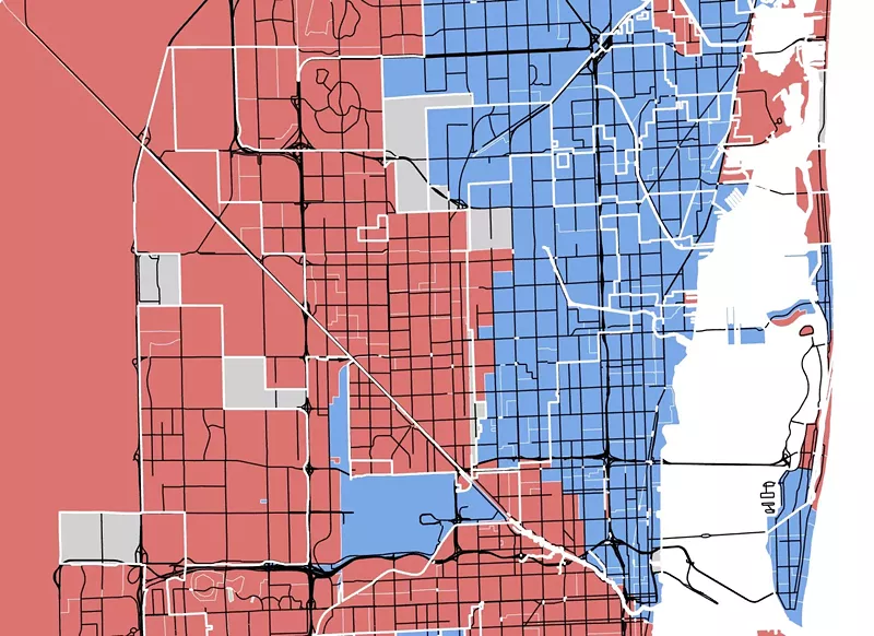 Image: detail of a map of Miami-Dade County with voting precinct borders colored red and blue