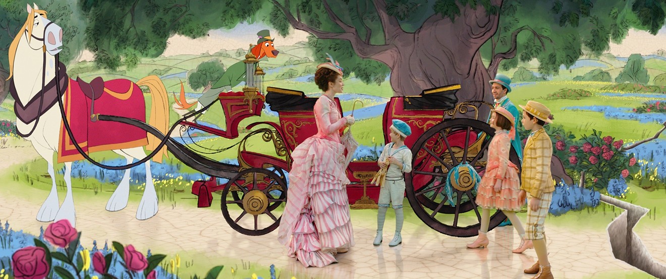 The cast of Rob Marshall’s Mary Poppins Returns includes Emily Blunt (middle) in the title role as a crisply officious wonderment of a nanny, and Lin-Manuel Miranda (back right) playing a chip-chip lamplighter named Jack.