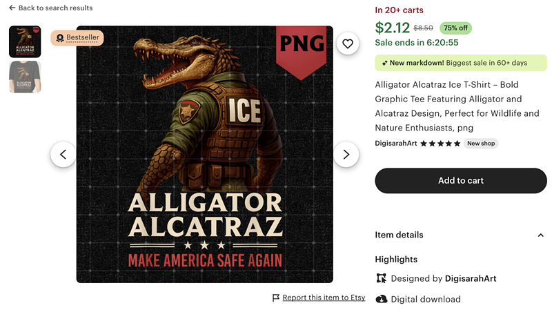 Image: A shirt print shows an apparent AI image of an alligator dressed in law enforcement garb.