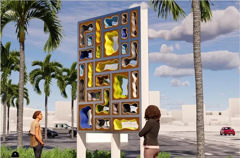 Image: Fourteen-foot-high abstract sculpture with some colorful holes in it