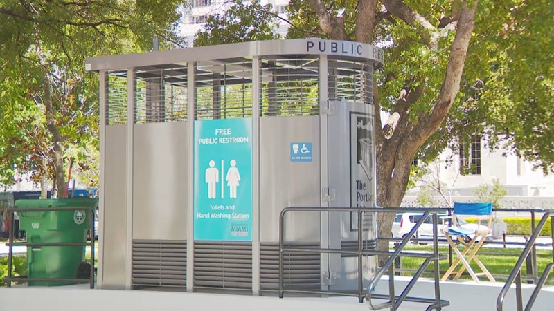 The permanent restroom installed under the Metrorail station at Flagler Street and NW First Avenue is staffed by a bathroom attendant who was once homeless.