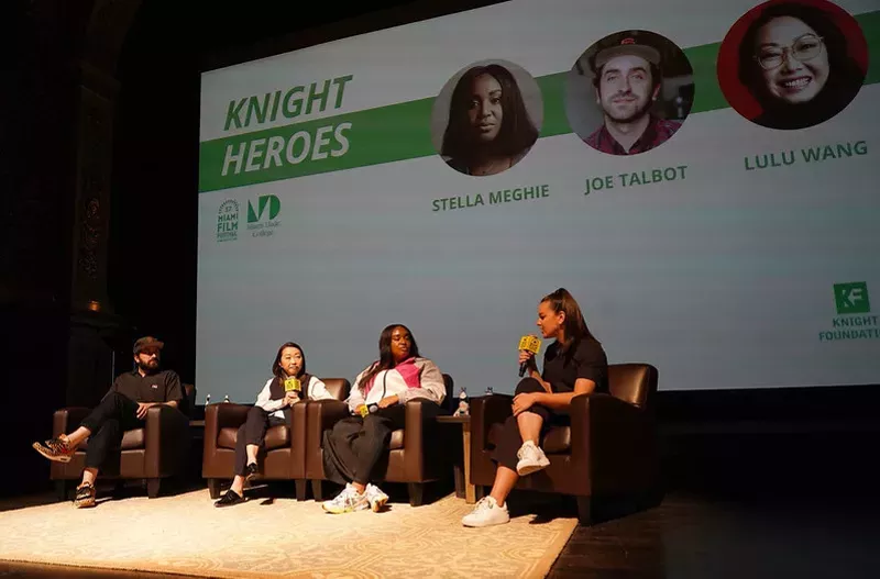 Image: Joe Talbot, Lulu Wang, and Stella Meghie chat with Miami Film Festival's Kiva Reardon