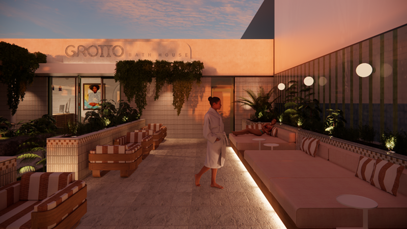 Image: rendering of the facade of spa at golden hour