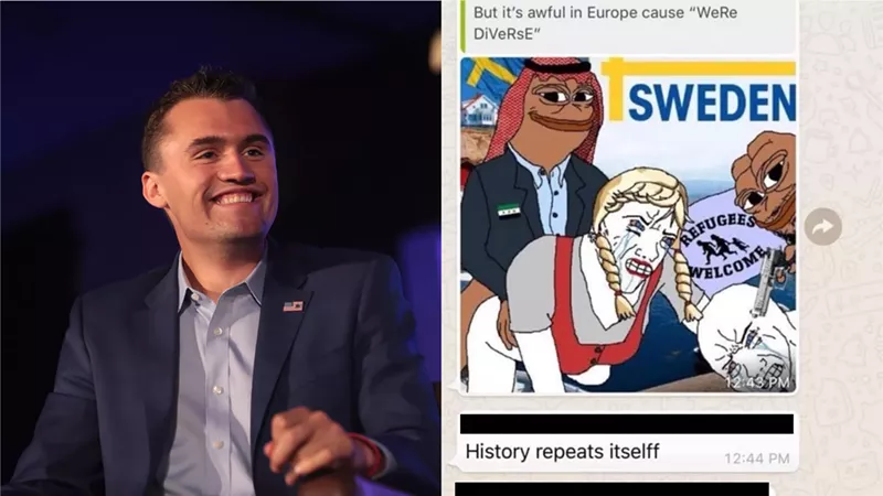 Image: TPUSA founder Charlie Kirk (left) and the group's gross FIU chat.