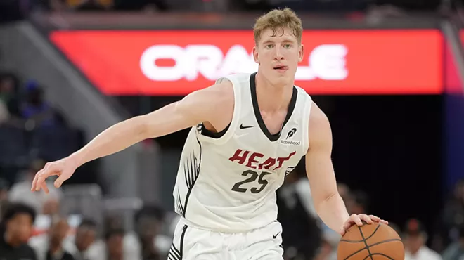 Kasparas Jakučionis, the Miami Heat's 19-year-old first-round pick in the 2025 NBA Draft, dribbles in a summer league game