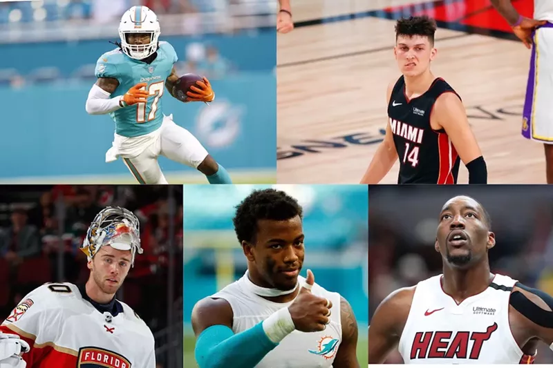 Image: Clockwise from top left: Jaylen Waddle, Tyler Herro, Bam Adebayo, Jevon Holland, and Spencer Knight are five of the top South Florida athletes under 25.