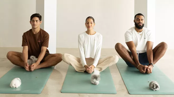Three people sit on yoga mats with their eyes closed. A bunny sits at the top of each mat.