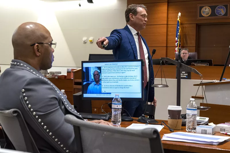 Image: Rapper Flo Rida appears in Broward County court during his attorney John Uustal's closing argument in his lawsuit against energy drink company Celsius.
