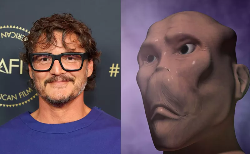 Image: Actor, scholar Pedro Pascal alongside a crude digital rendering of an alien