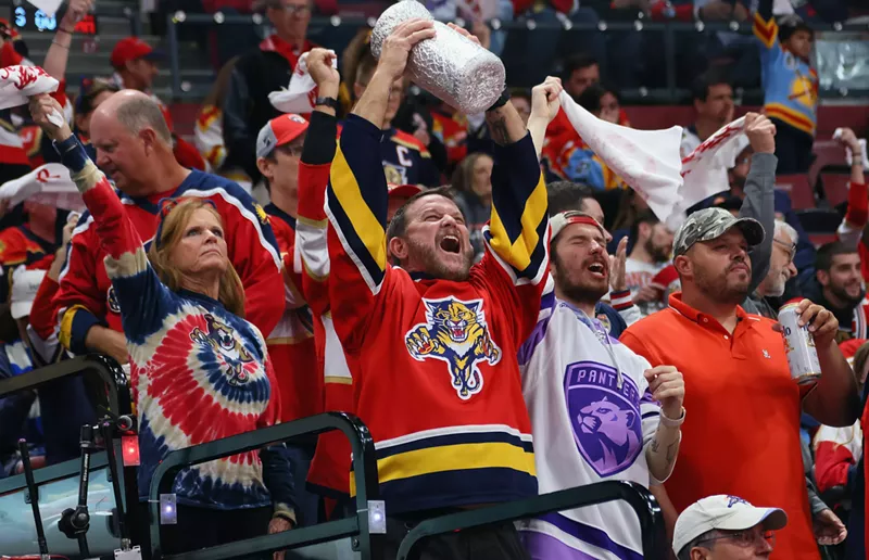 Image: Florida Panthers fans celebrate in the stands of a Stanley Cup Finals game.