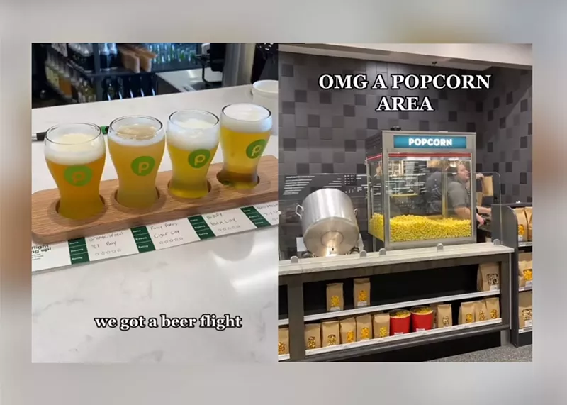Image: a flight of beers and popcorn station