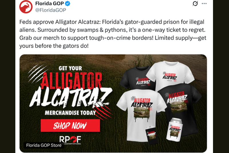 Image: A screenshot of "Alligator Alcatraz" merch being sold by the Florida GOP.