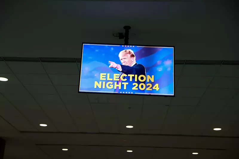 Image: A sign welcomes people for the election night watch party for Republican presidential nominee former President Donald Trump at the Palm Beach County Convention Center on November 05, 2024, in West Palm Beach, Florida.