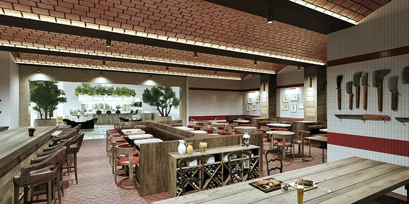 Image: Inside La Centrale, the Italian restaurant Carne, inspired by the rustic decor of the Chianti region, includes a butcher shop.