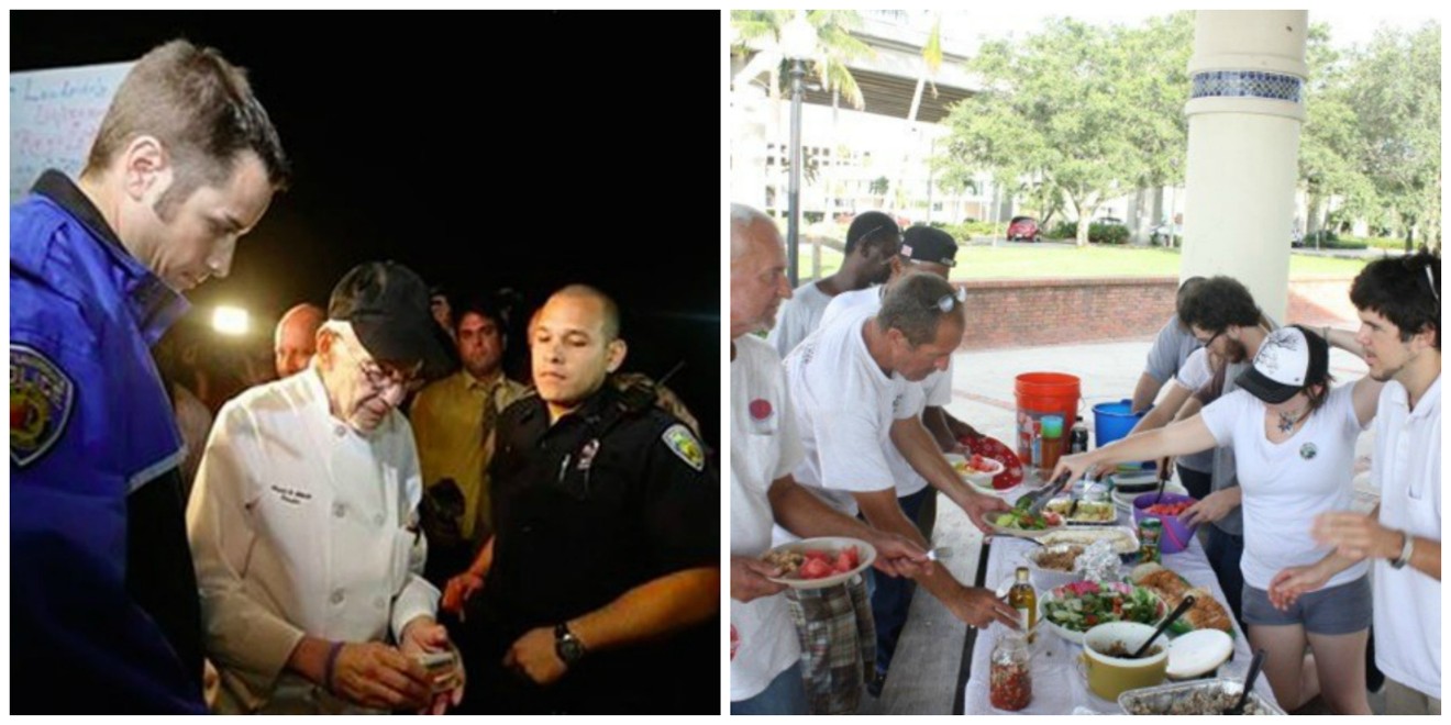 Arnold Abbott (left, center) was arrested at 90 years old for feeding the homeless in Fort Lauderdale three years ago.