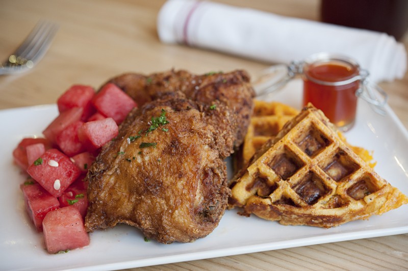 Llewellyn's fried chicken with waffles and watermelon