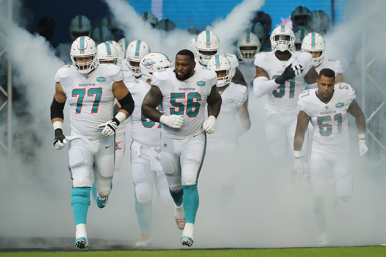 The Miami Dolphins take the field prior to the game against the Buffalo Bills at Hard Rock Stadium.