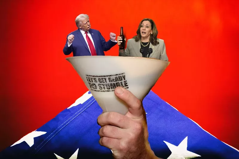 Image: A photoshopped photo of Donald Trump and Kamala Harris inside a beer funnel with an American flag in the background.