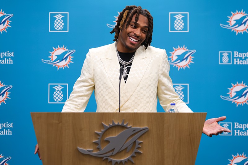 Jalen Ramsey of the Miami Dolphins speaks to the media during a press conference in Miami Gardens on March 16, 2023.