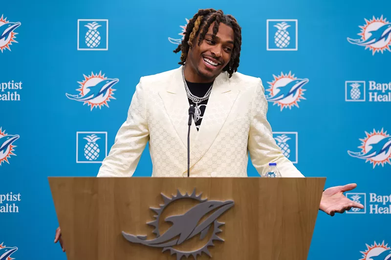 Image: Jalen Ramsey of the Miami Dolphins speaks to the media during a press conference in Miami Gardens on March 16, 2023.