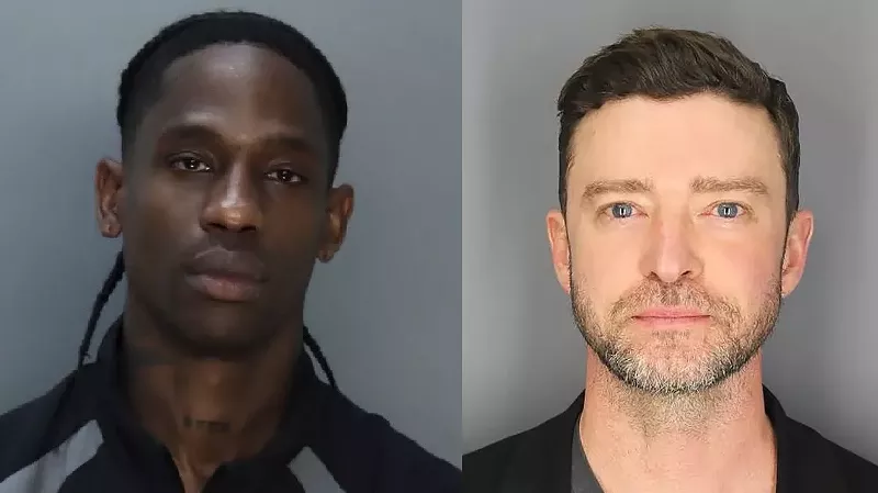 Image: side-by-side booking photos of rapper Travis Scott and Justin Timberlake