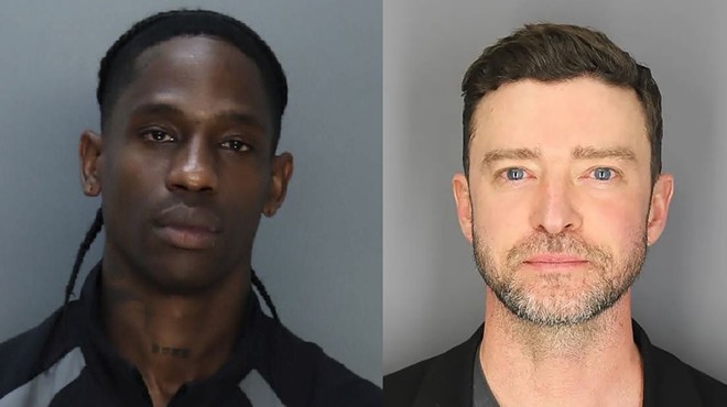 side-by-side booking photos of rapper Travis Scott and Justin Timberlake