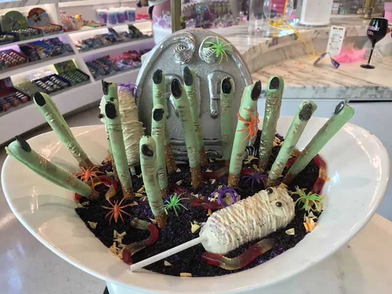 Image: White chocolate pretzel witches' fingers and marshmallow Twinkie mummies.