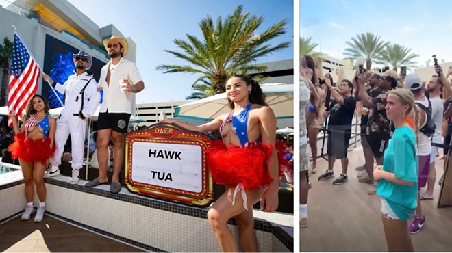 Haliey Welch, AKA "Hawk-Tuah Girl," wearing a Tua Tagovailoa shirt during an appearance at DAER Dayclub in Hollywood, Florida