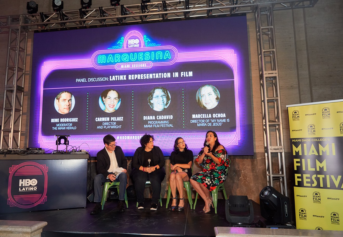 Panelists Rene Rodriguez, Carmen Pelaez, Diana Cadavid, and Marcella Ochoa discuss Latinx represention in TV and film at HBO Latino's Marquesina Sessions in Miami.