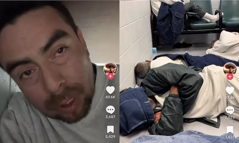 Image: A photo collage of a a man being held at Miami's Krome North Service Processing Center who is posting TikTok videos about the conditions at the facility and a photo of detainees sleeping on the concrete floor of the detention center's waiting room.