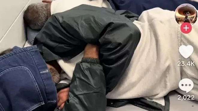 A photo collage of a a man being held at Miami's Krome North Service Processing Center who is posting TikTok videos about the conditions at the facility and a photo of detainees sleeping on the concrete floor of the detention center's waiting room.