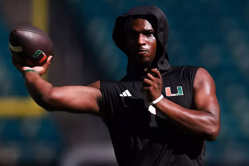 Image: Cam Ward #1 of the Miami Hurricanes warms up prior to facing the Florida A&M Rattlers at Hard Rock Stadium on September 07, 2024 in Miami Gardens, Florida