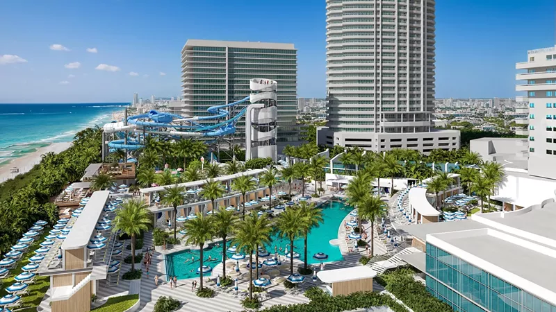 Image: rendering of an overhead view of a hotel pool with a water park in the background