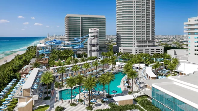 rendering of an overhead view of a hotel pool with a water park in the background