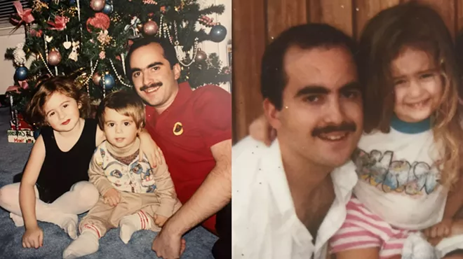 A photo of Leslie Roberts with his two children in front of the Christmas tree and a photo of Leslie Roberts with his daughter as a toddler