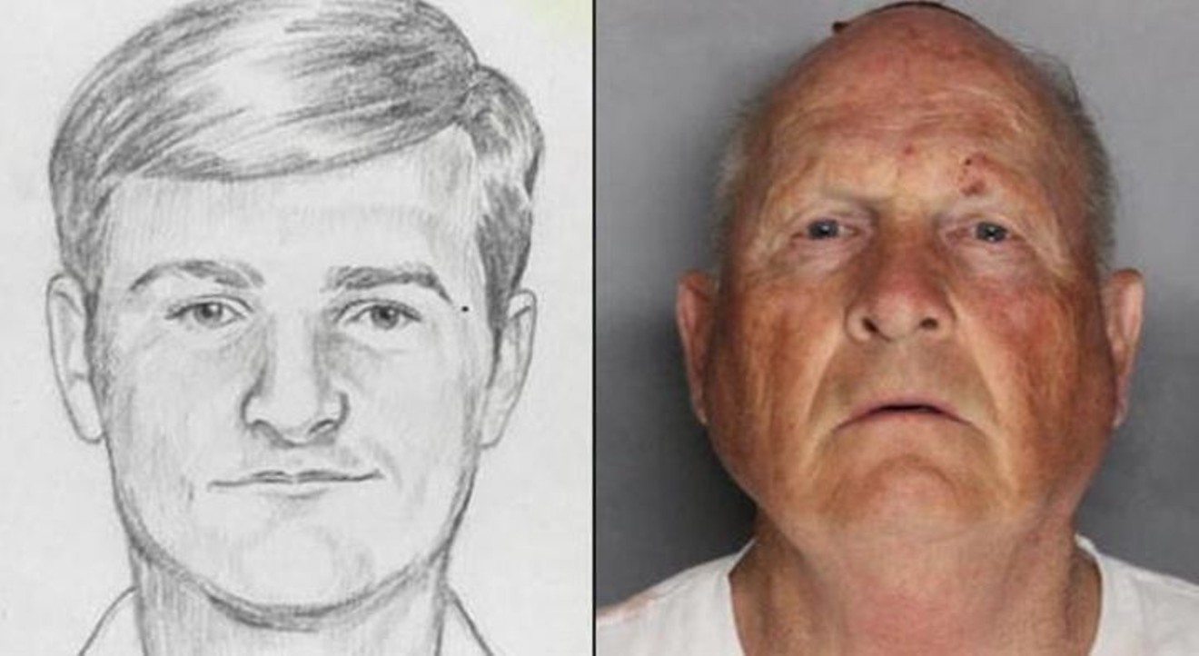 Left: One of the composite sketches of the Golden State Killer. Right: Suspect Joseph James DeAngelo, who was arrested in April.