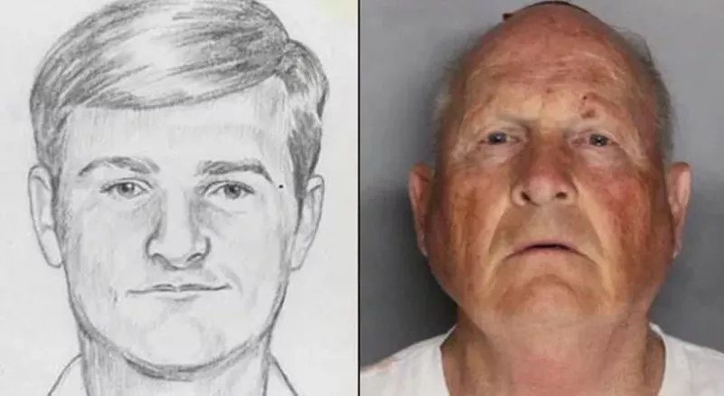 Image: Left: One of the composite sketches of the Golden State Killer. Right: Suspect Joseph James DeAngelo, who was arrested in April.