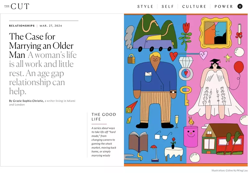 Image: screenshot from New York magazine's website, The Cut, featuring an illustration of a man and a woman and their presumably happy, prosperous marriage — diamond ring, Winnebago-like traier, etc.