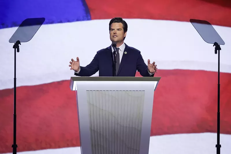 Image: U.S. Rep. Matt Gaetz of Florida addresses GOP delegates from the lectern at the 2024 Republican Convention in Milwaukee