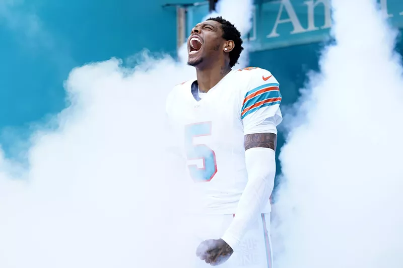 Image: Dolphins cornerback Jalen Ramsey takes the field prior to a game against the Patriots at Hard Rock Stadium on October 29, 2023.