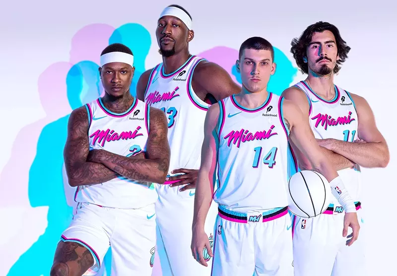 Image: Terry Rozier, Bam Adebayo, Tyler Herro, and Jaime Jaquez Jr. model the Heat's rebooted white Miami Vice-inspired uniforms.